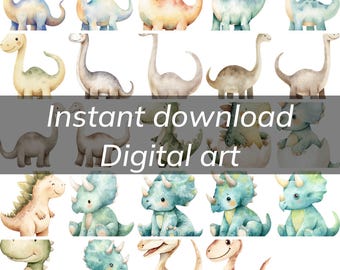 May include: Watercolor digital art featuring various dinosaurs in pastel colors. The image includes long-necked dinosaurs, triceratops, and a T-Rex. Text overlay reads "Instant download Digital art".