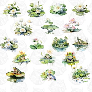Watercolor Lily Pond springtime cute lilly pad and frog water springtime Water lilies flower Clipart for instant download commercial use