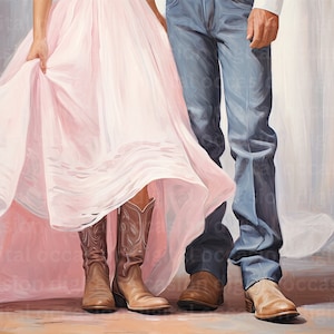 Retro Downloadable Print | Girly Western Wall Art | Cowboy and Cowgirl Wearing Boots Dress and Jeans Apartment Painting | 1950s Aesthetic