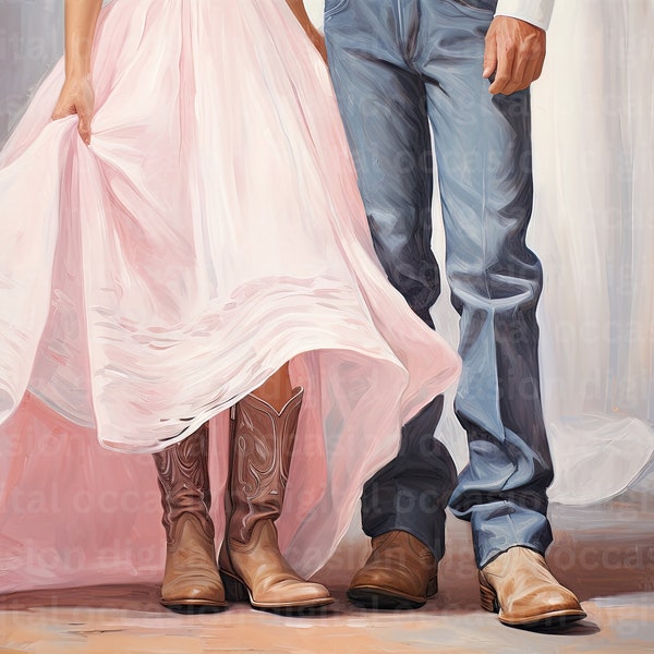 Retro Downloadable Print | Girly Western Wall Art | Cowboy and Cowgirl Wearing Boots Dress and Jeans Apartment Painting | 1950s Aesthetic