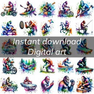 Puede incluir: Una colección de arte digital de 20 ilustraciones de acuarela que presentan un personaje de Bigfoot en varias actividades, incluyendo kayak, andar en motocicleta, jugar al billar y relajarse en una hamaca. Las ilustraciones están sobre un fondo blanco con salpicaduras de acuarela de colores.