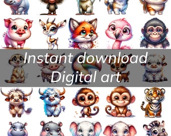 Watercolor animals PNG bundle 34 whimsical safari animal clipart for nursery decor, baby shower, birthday, and gender reveal commercial use