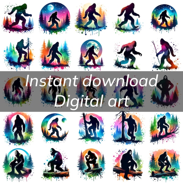 30 png Bigfoot Water Color Bundle, Sasquatch & yeti forest hiking clipart, silhouette commercial use digital art Illustration sublimation