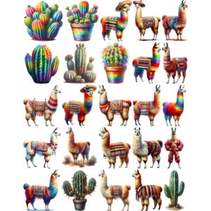 Clipart aquarelle de lama, peinture mignonne de lama ou d'alpaga et graphiques de cactus avec téléchargement immédiat pour un usage commercial