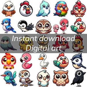 Paquete de 39 imágenes prediseñadas de pájaros de dibujos animados divertidos y lindos, 39 imágenes prediseñadas de animales de aves de estilo imprimibles, arte transparente, descarga digital, uso comercial