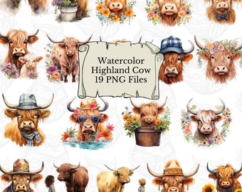 Watercolor Highland cow clipart cute baby shower graphics nursery decor wall art farm animal PNG transparent background digital download
