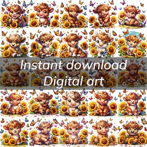 Sonnenblume Hochlandkühe mit Blumen Clipart-Sammlung, 25 PNG Frühlingsblumen Clipart, Baby Animal, Baby Kuh Clipart Bundle, kommerzielle Nutzung