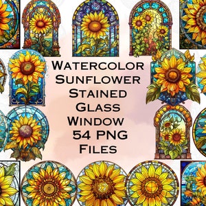 Watercolor Stained Glass Window Sunflowers Clipart bundle, 54 Separate PNG transparent background, digital download for digital stickers