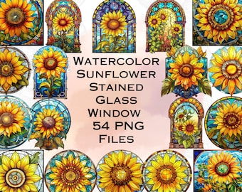 Paquete de imágenes prediseñadas de girasoles en vidrieras de acuarela, 54 imágenes PNG separadas con fondo transparente, descarga digital para pegatinas digitales.
