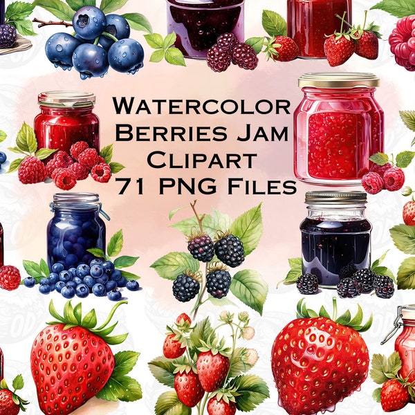 Watercolor Berries Jam Clipart, strawberry, raspberry, blackberry, and blueberry berry bundle PNG transparent background digital download