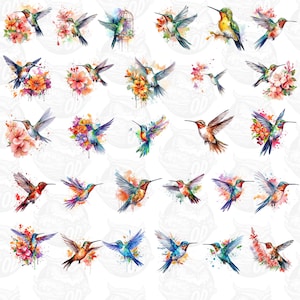 Watercolor Hummingbirds Clipart, rainbow color, PNG format, Watercolor Image Bundle PNG, Hummingbird Illustrations, Wall Art, Commercial Use