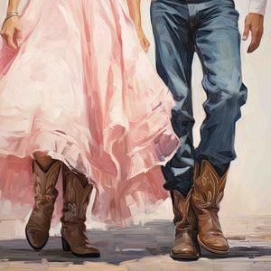 Girly Western Wall Art | Retro Downloadable Print | Cowboy and Cowgirl Wearing Boots Dress and Jeans Apartment Painting | 1950s Aesthetic