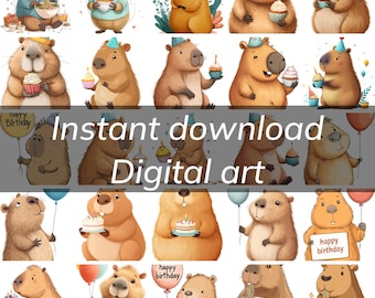 Capybara birthday clipart PNG watercolor bday bundle, printable animal party decor digital download cake, cupcake balloons and crown theme