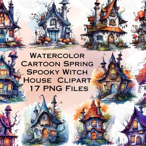 May include: Watercolor illustrations of 17 whimsical cartoon witch houses with colorful details, perfect for digital scrapbooking, card making, and other creative projects.  WATERCOLOR CARTOON SPRING SPOOKY WITCH HOUSE CLIPART 17 PNG FILES