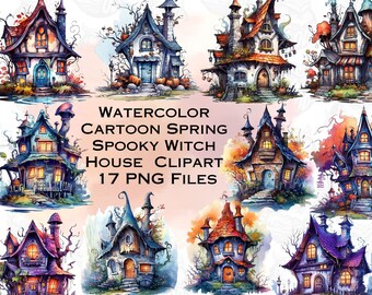 Watercolor Cartoon Spring Spooky Witch House and witch Cottage Clipart springtime cute forrest cottages for instant download commercial use