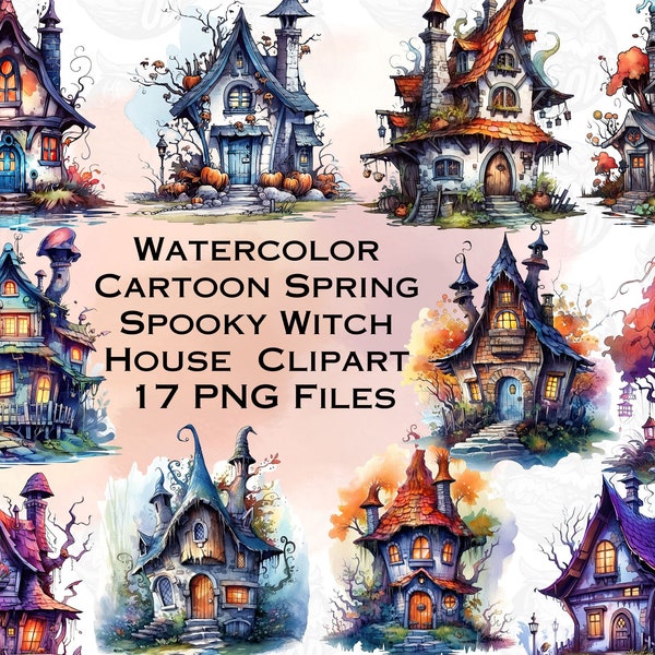 Watercolor Cartoon Spring Spooky Witch House and witch Cottage Clipart springtime cute forrest cottages for instant download commercial use