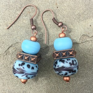 Aquamarine lampwork, glass bead earrings with antique, hammered copper findings and earwire