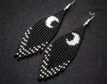 Mond Ohrringe Silber Ohrringe Nacht Ohrringe Schwarze Ohrringe Indianer Stil Perlenarbeit Rocailles Ohrringe Fransen Ohrringe