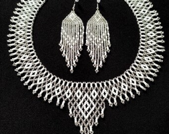 Silver Egyptian necklace Statement necklace Collar Bib necklace White silver jewelry Beaded earrings gift for her