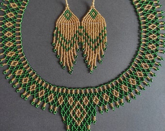 Bead green necklace and earrings bib necklace Gold green necklace earrings set beaded necklace bead collar necklace Bright green necklace