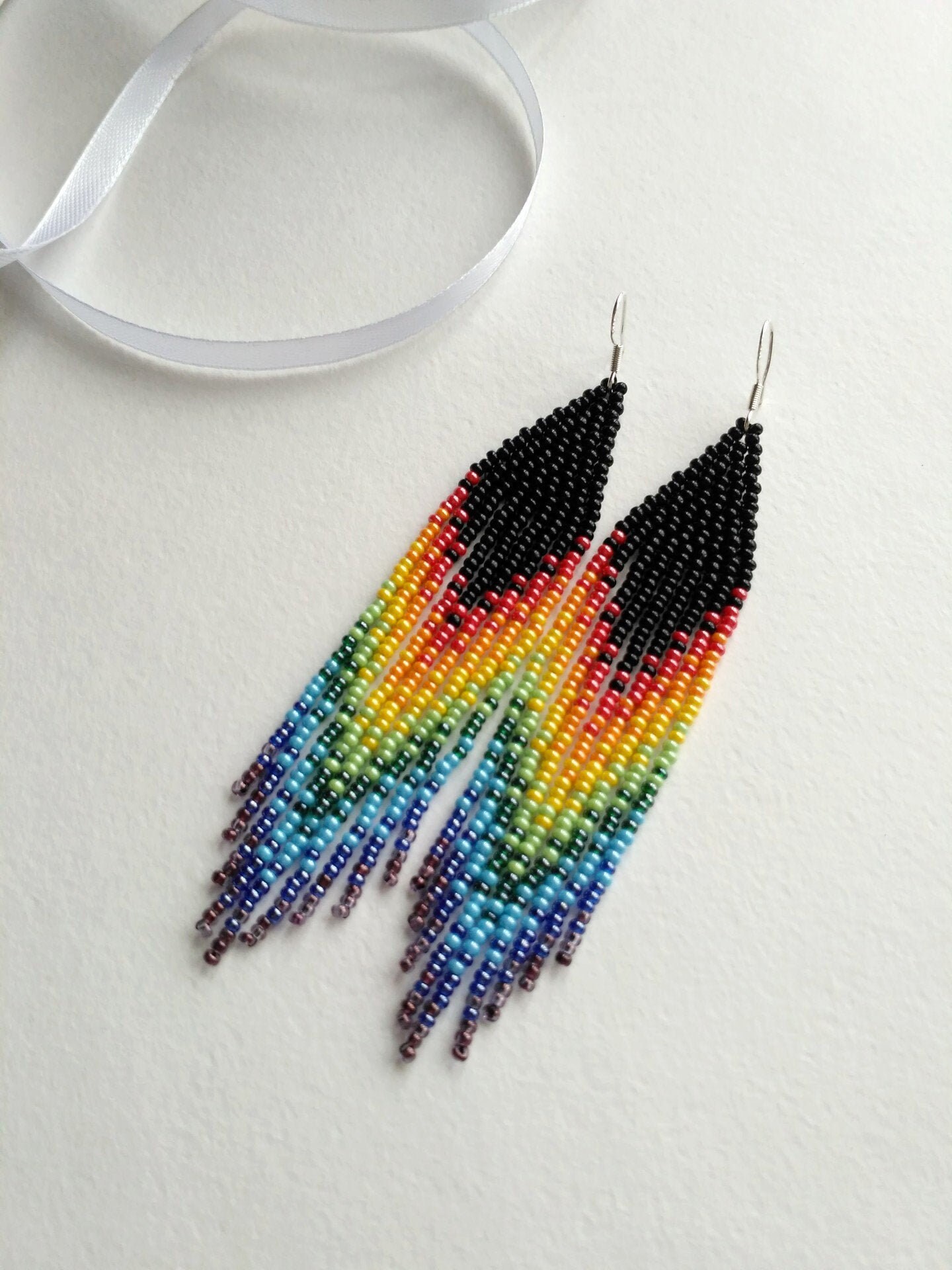 Rainbow beaded earrings Colorful dangle earrings Fringe Etsy