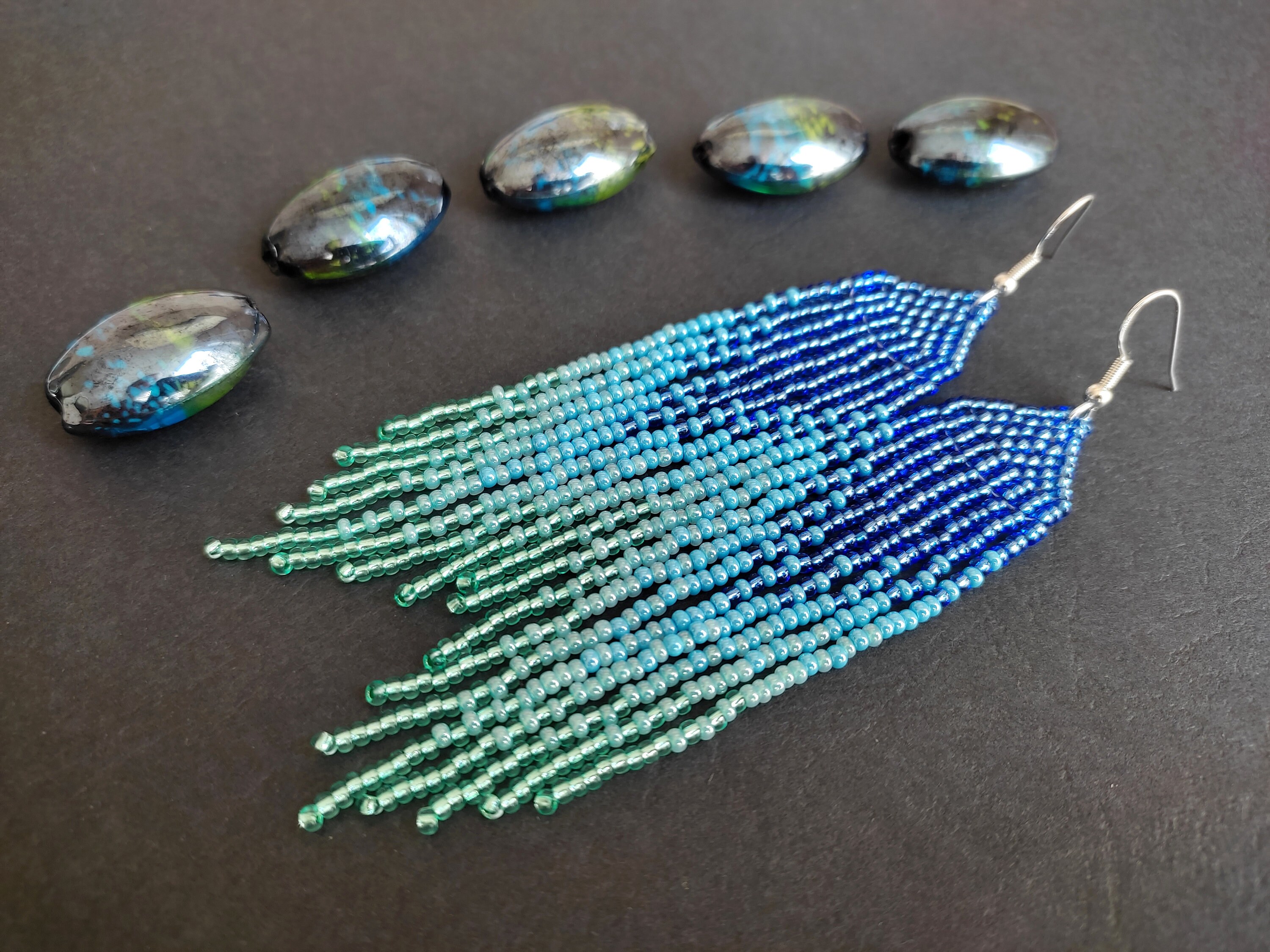 Fringed Harmony, Seed Bead Fringe Earrings -    earrings,  Turquoise seed bead, Beaded fringe
