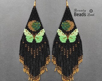 Moth beaded earrings green earrings Long black bead earrings Seed bead earring moon Butterfly earring green Beadwork earrings Fringe Dangle