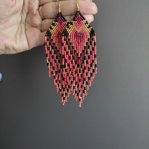 Black red beaded earrings gold earrings Long red bead earrings Seed bead earring Native style earring Beadwork earrings Fringe Dangle image 5