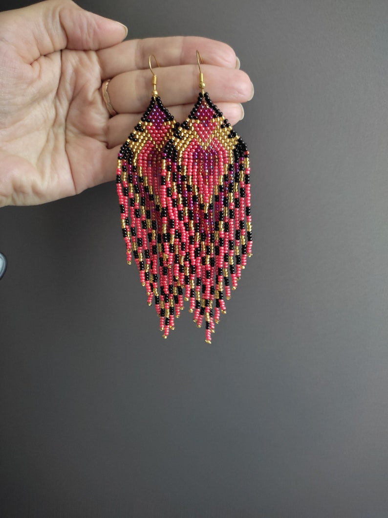 Black red beaded earrings gold earrings Long red bead earrings Seed bead earring Native style earring Beadwork earrings Fringe Dangle image 5