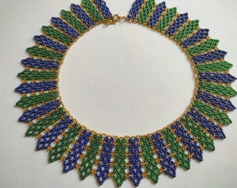 Blue green gold beaded jewelry Seed bead necklace Collar necklace for woman Egyptian collar gift for woman Beadwork necklace