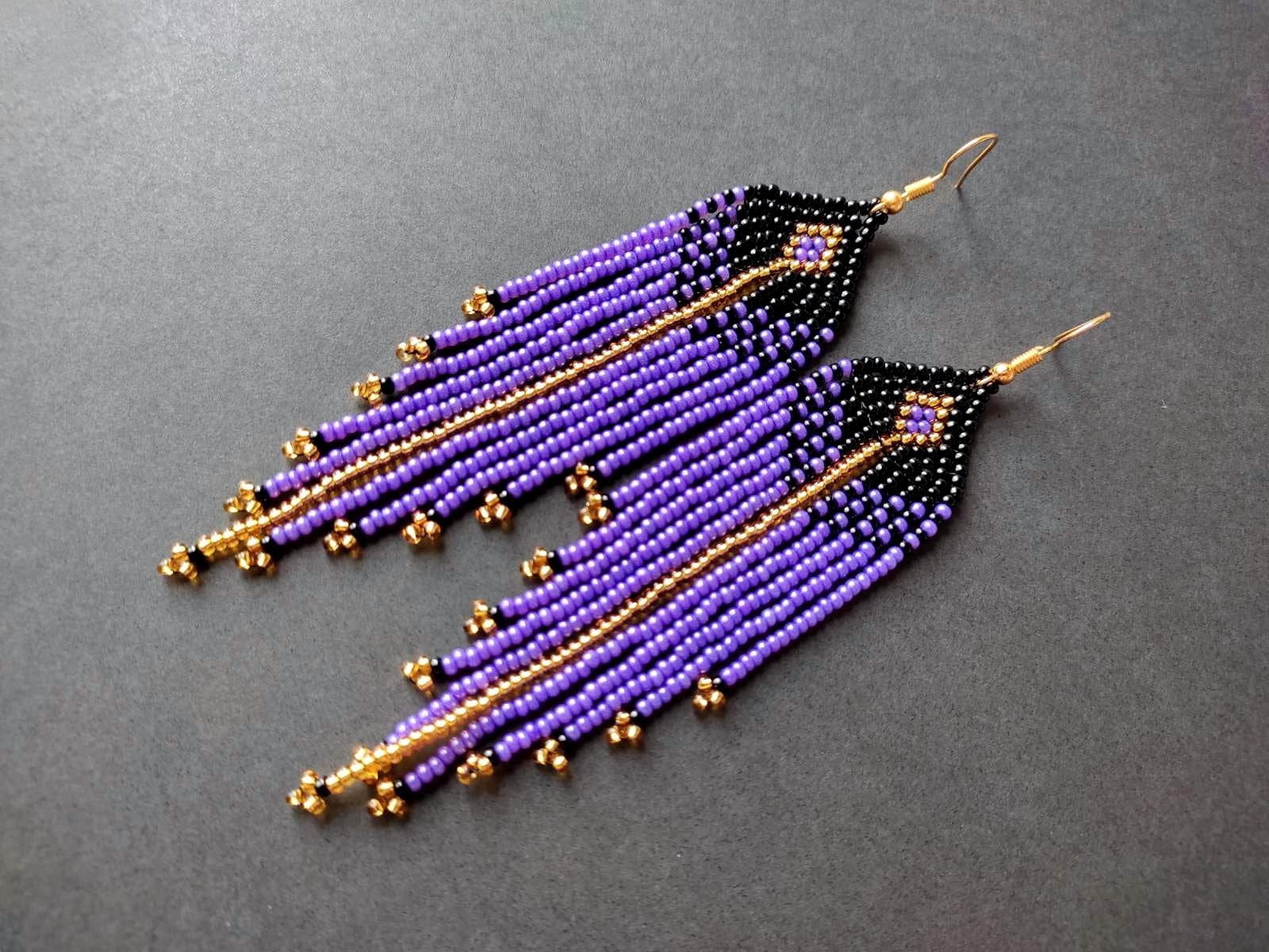 Feather Beaded Earrings Seed Beaded Earrings Fringe Earrings Etsy