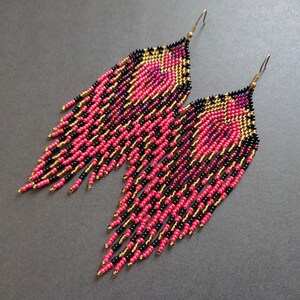 Black red beaded earrings gold earrings Long red bead earrings Seed bead earring Native style earring Beadwork earrings Fringe Dangle image 9