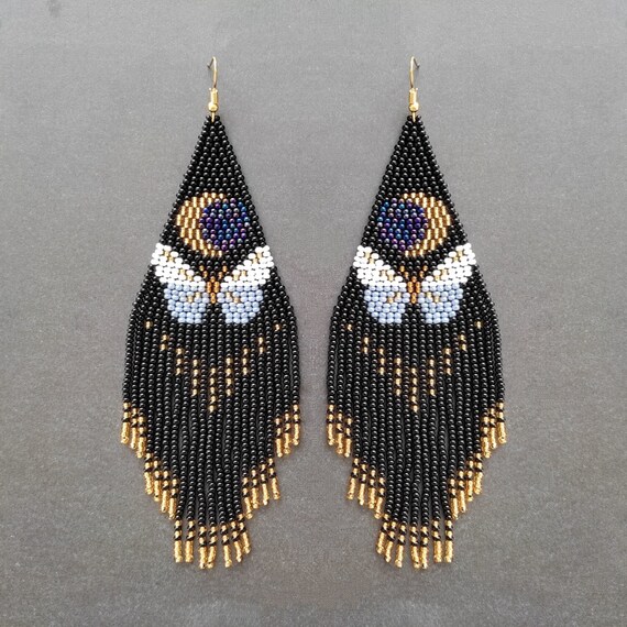 Gold Beaded Earrings Moon Earrings Long Black Bead Earrings Seed