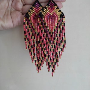 Black red beaded earrings gold earrings Long red bead earrings Seed bead earring Native style earring Beadwork earrings Fringe Dangle image 10