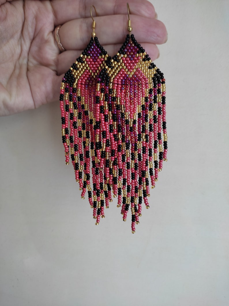 Black red beaded earrings gold earrings Long red bead earrings Seed bead earring Native style earring Beadwork earrings Fringe Dangle image 10