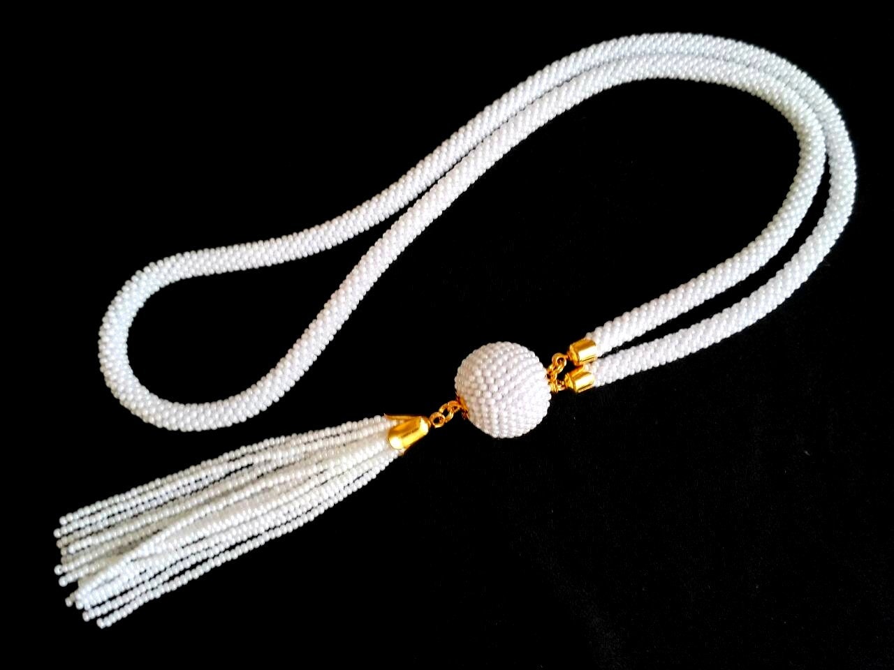 Women's Long White Bead Necklace With Pom Tassel White Etsy