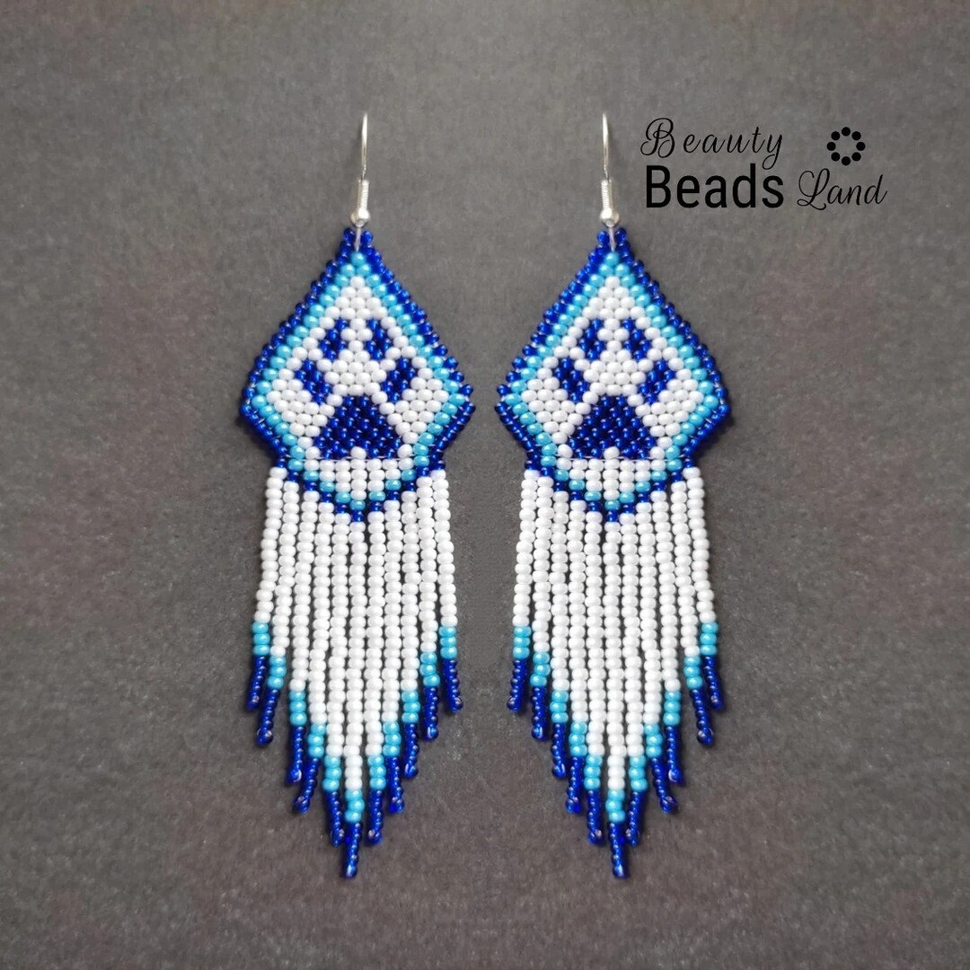 Blue Paw Dangle Beaded Earrings Fringe Handmade Earnings White - Etsy