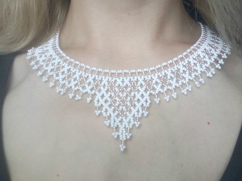 White bib necklaces for women Beaded necklace Beaded jewelry necklace