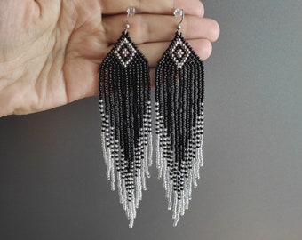 Black beaded earrings Long earrings Fringe earrings Silver earrings Seed bead earrings Chandelier earring Boho beadwork earrings Dangle