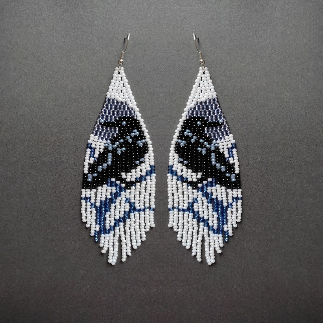 Black Beaded Earrings Raven Earrings Long White Bead Earrings Etsy