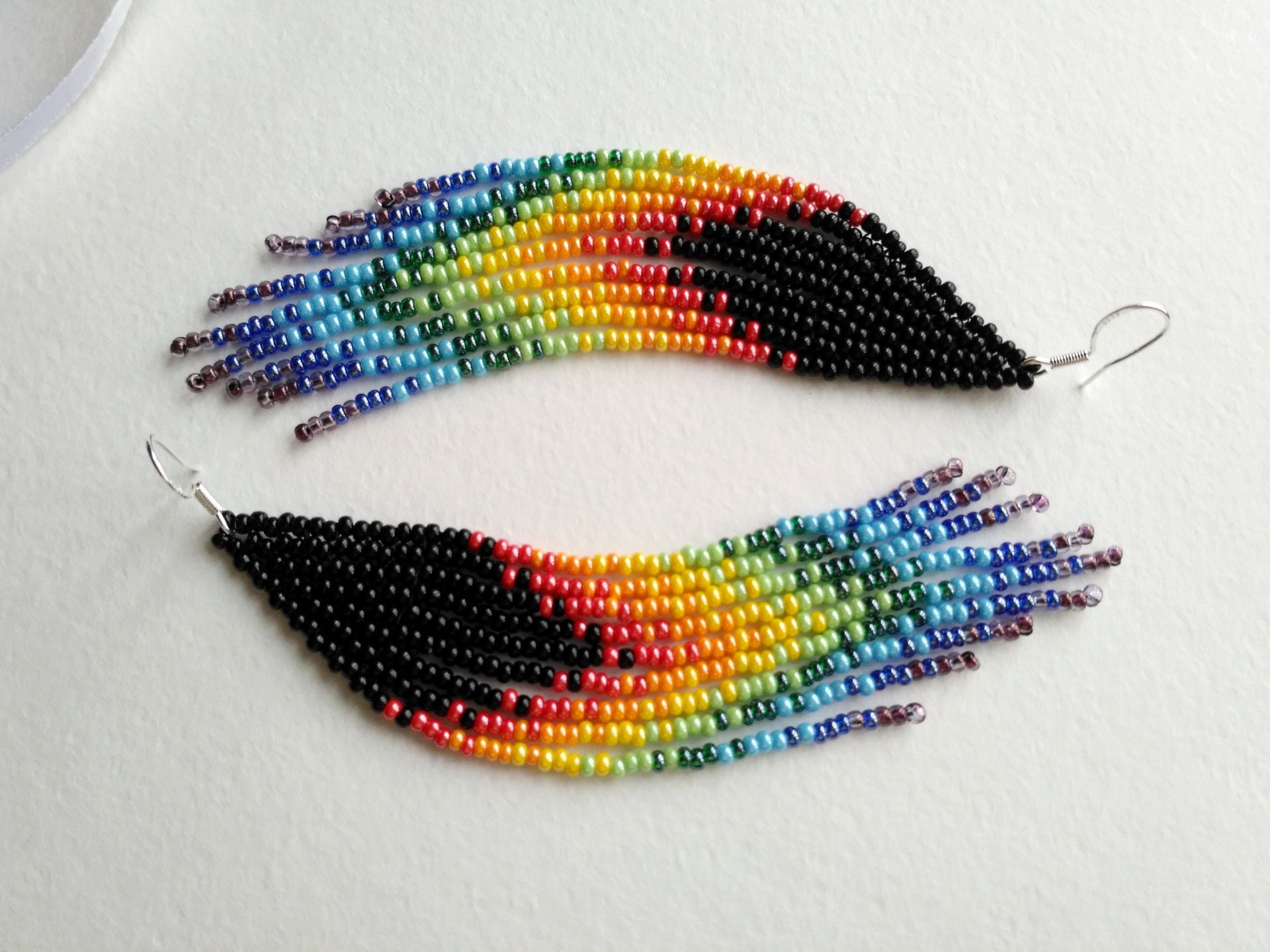 Rainbow beaded earrings Colorful dangle earrings Fringe Etsy