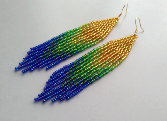 Beaded Earrings Gold Gradient Seed Bead Earrings Green Fringe