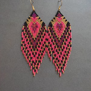 Black red beaded earrings gold earrings Long red bead earrings Seed bead earring Native style earring Beadwork earrings Fringe Dangle image 3