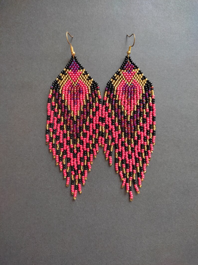 Black red beaded earrings gold earrings Long red bead earrings Seed bead earring Native style earring Beadwork earrings Fringe Dangle image 3