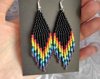 Black rainbow beaded earrings Seed bead earrings Fringe gradient earrings Dangle earrings Beadwork earrings Small earrings fringe