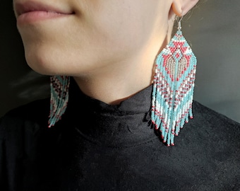 Turquoise red beaded earrings Dangle seed bead earrings long earrings Boho jewelry  Fringe earrings Jewelry gift