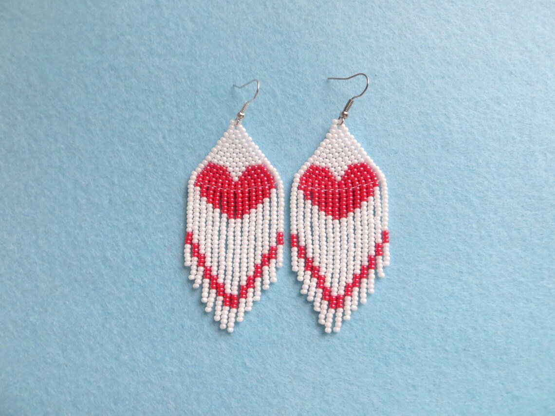 Fringe heart beaded white earrings Large love heart earrings Etsy