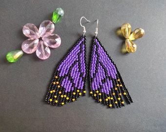 Purple Butterfly earrings beaded earrings Wing earrings Boho fringe earrings