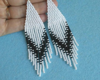Long black white Beaded earrings tassel seed bead women earrings fringe earrings Beadwork jewelry