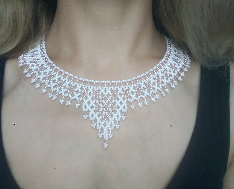 White bib necklaces for women Beaded necklace Beaded jewelry necklace